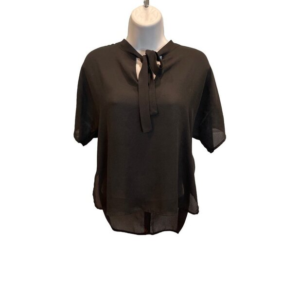 Sweet Rain Black Thin Short Sleeve Tie Front Keyhole Blouse Sz M - Picture 1 of 9